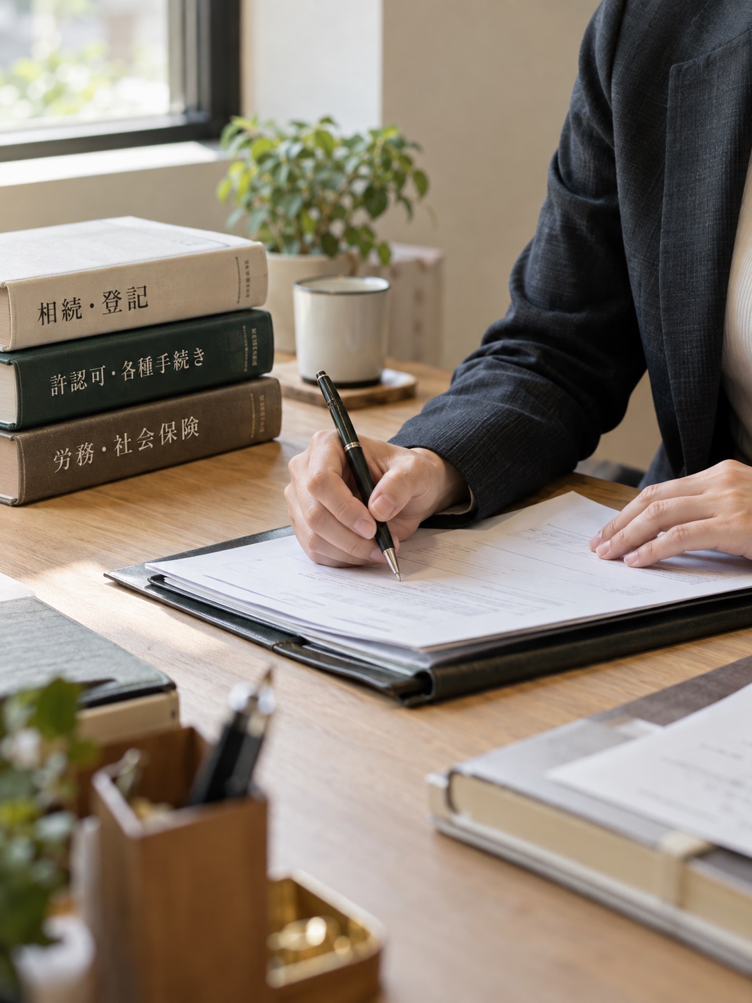 書類にペンを走らせる手元と、相続・登記／許認可・各種手続き／労務・社会保険の書籍